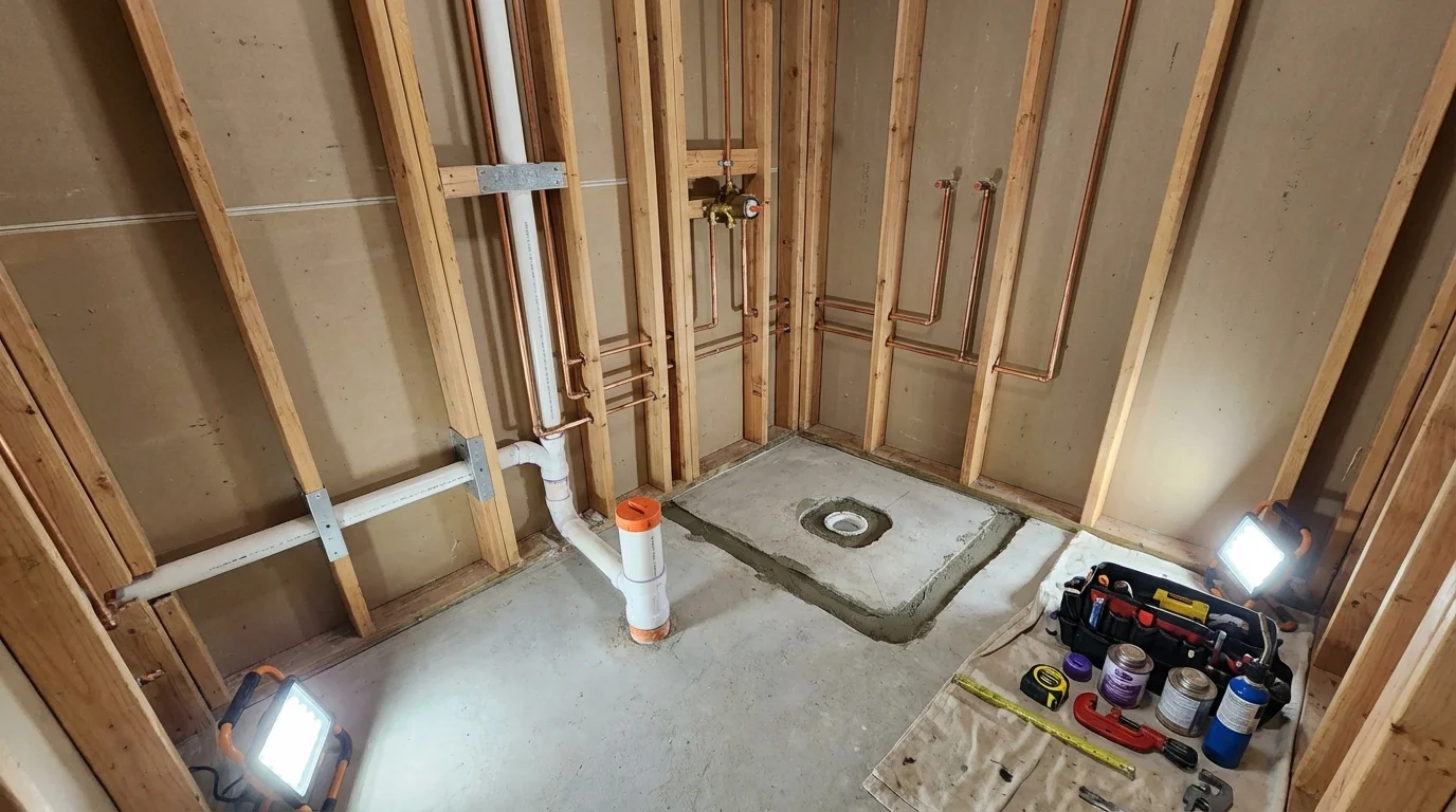 Bathroom rough-in plumbing during remodel by Johns Plumbing LLC in Carrboro