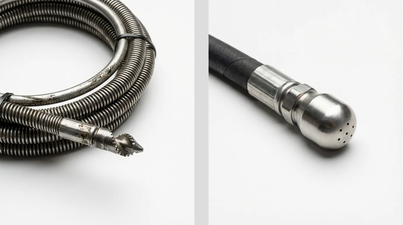 Drain snake cable and hydro jetting nozzle used for drain cleaning in Carrboro, NC