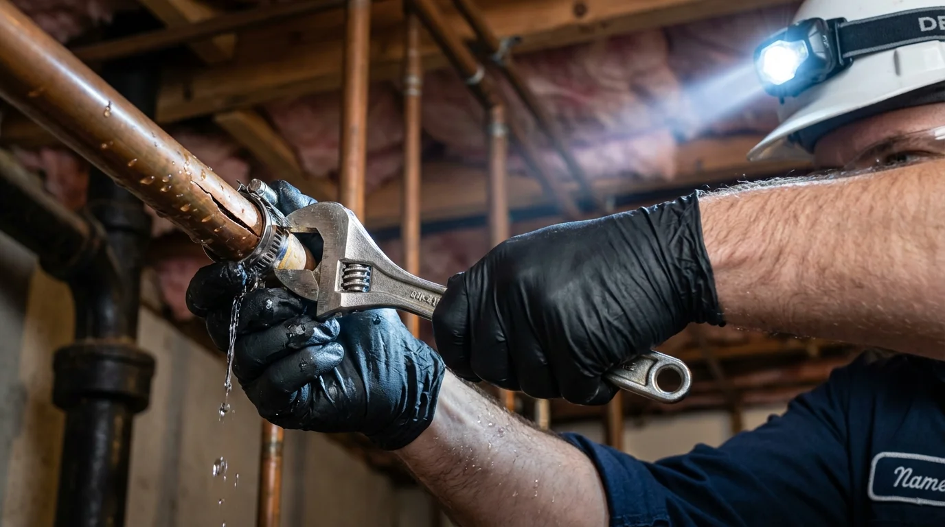 Emergency pipe clamp repair being performed by a Johns Plumbing LLC plumber in Carrboro