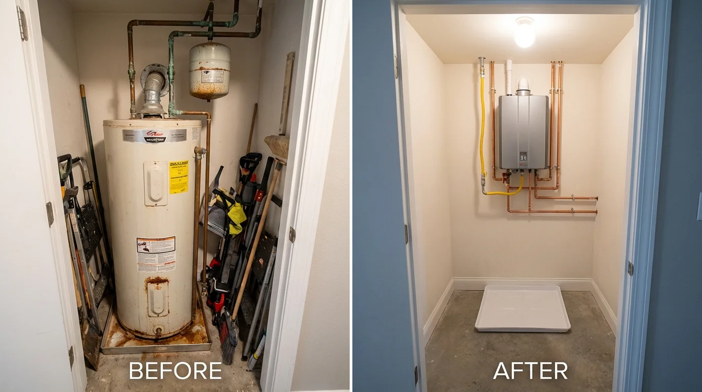 Tank water heater versus wall-mounted tankless unit comparison for Carrboro, NC homeowners