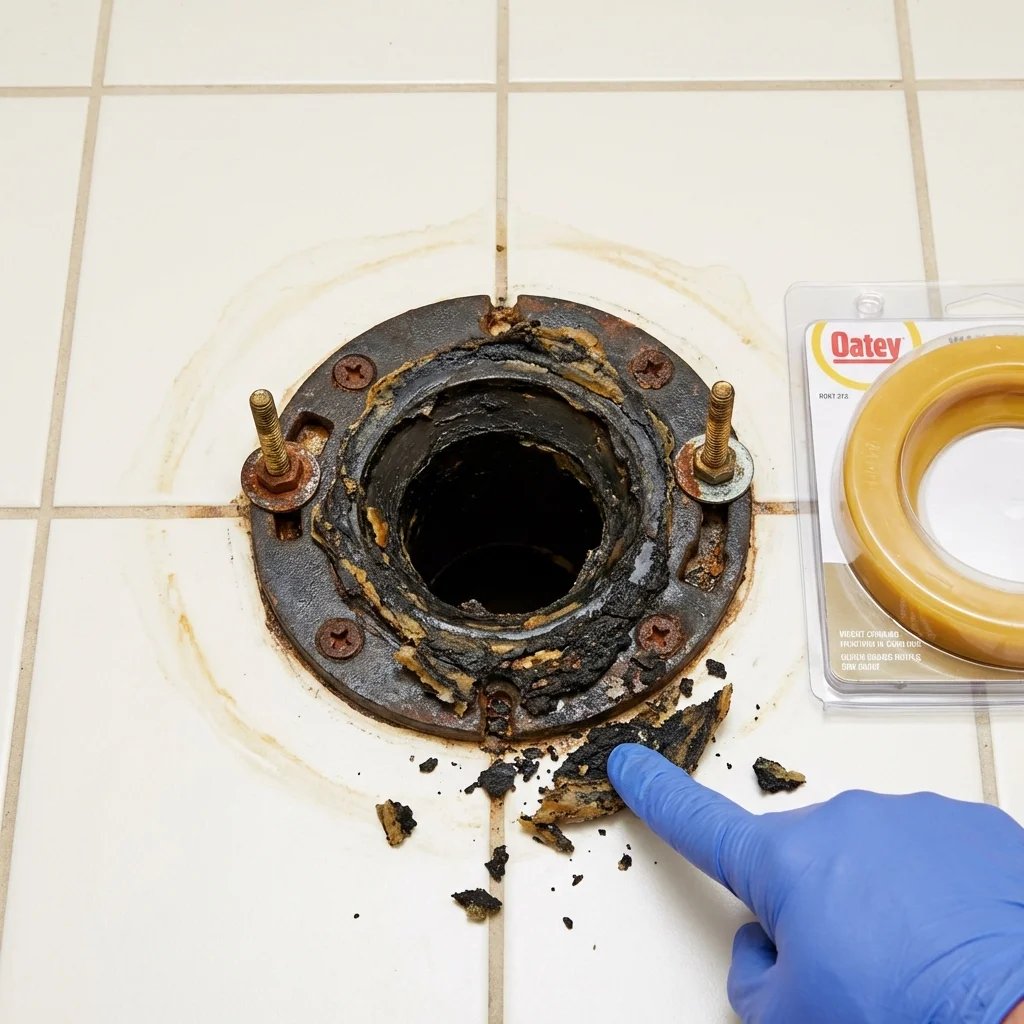Failed wax ring showing water seepage at the base of a toilet in a Carrboro, NC home