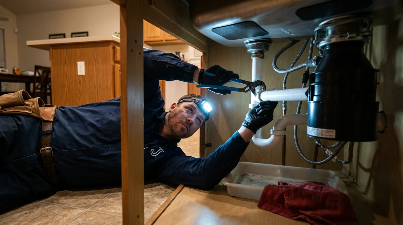 P-trap and supply line connections under a kitchen sink showing a common leak point in Carrboro, NC